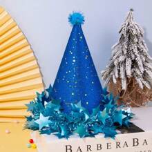Plush Ball Pompom Star Trim Birthday Hat, Cake Party Decor Matte Pearl Cone Tip Cap For Adults