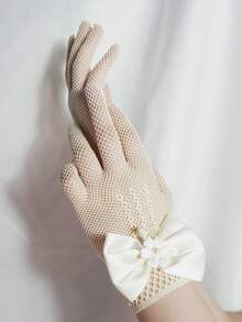 1 Pair Children Lace Hollow Bow Princess Gloves (For Party Holiday Event) - Beige - View 5