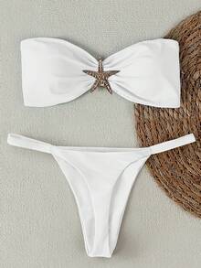 新款春夏欧美休闲性感优雅白色纯色无肩带海星图案女士比基尼套装，适合海滩度假派对约会 - 白色 - 查看 1