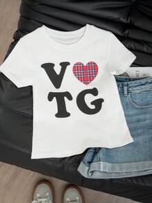 Back To School Cute Heart & Letter Print Casual Round Neck Short Sleeve T-Shirt For Women, Spring/Summer White - White - View 11