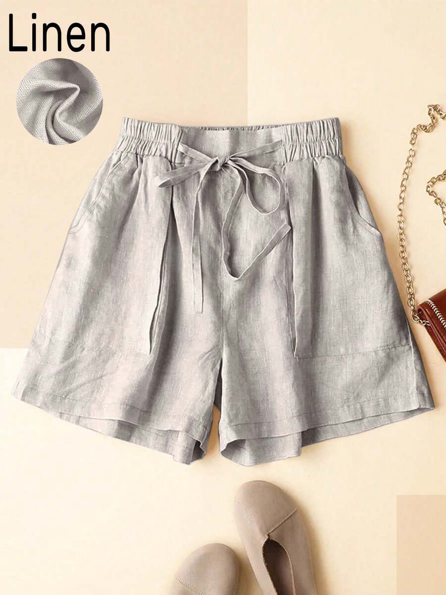 Quần short vải lanh lưng thun co giãn cho kỳ nghỉ thường ngày có túi dành cho nữ, Xuân/Hè - Màu Xám nhạt - Xem 1
