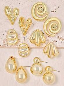 6 Pairs/12pcs Set New European & American Fashion Gold Color Stud Earrings, Gift For Women & Girls, Daily, Party, Travel