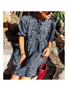 Women Elegant Leopard Print Round Neck Tie Front Short Sleeve Mini Dress - Dark Grey - View 6