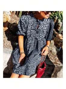 Women Elegant Leopard Print Round Neck Tie Front Short Sleeve Mini Dress