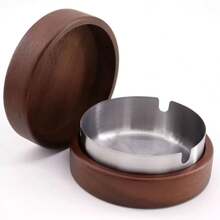 1pc Ashtray With Lid, Creative Nordic Style Wooden & Gold Round Ashtray For Home & Office Use, Anti-Ash - Brown - View 6