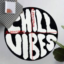 1pc Black & White "Chill Vibes" Letter Print Round Rug, Fine Yarn Faux Wool Texture, Rubber Non-Slip Backing, Suitable For Indoor, Bedroom, Bedside, Living Room, Office Decor, Soft & Comfortable, Fashionable Home Decor, Exquisite Gift, Holiday Decoration, Machine Washable