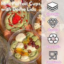 Vasos de plástico transparente con tapas, paquete de 50 minituazas de 6 onzas con tapas de cúpula (sin agujero), vasos desechables para fiestas para postres, bebidas frías, frutas, cupcakes, helado, aperitivos y dulces - Paquete de 50 vasos con tapas planas - Ver 11