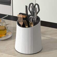 1pc Multifunctional 360° Rotating Kitchen Utensil Holder, Large Capacity, Simple Design (Excluding Knives, Spoons And Chopsticks), Multiple Colors Available, Cylindrical Shape With Vertical Lines, Can Store Knives, Spoons And Chopsticks, Plastic Material, Suitable For Everyday Kitchen Use