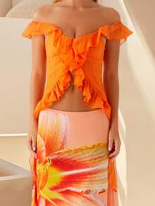 Women Off Shoulder Tops Ruffle Trim Solid Color Backless Showing Navel Shirts Summer Streetwear - Orange - View 2