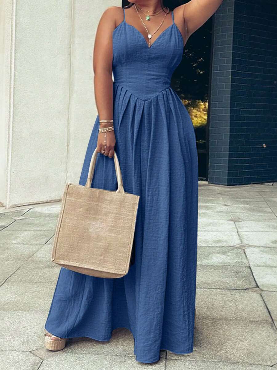 Women's Spring/Summer Casual Vacation Spaghetti Strap Backless Ruffle Pleated Dress - Blue - View 1