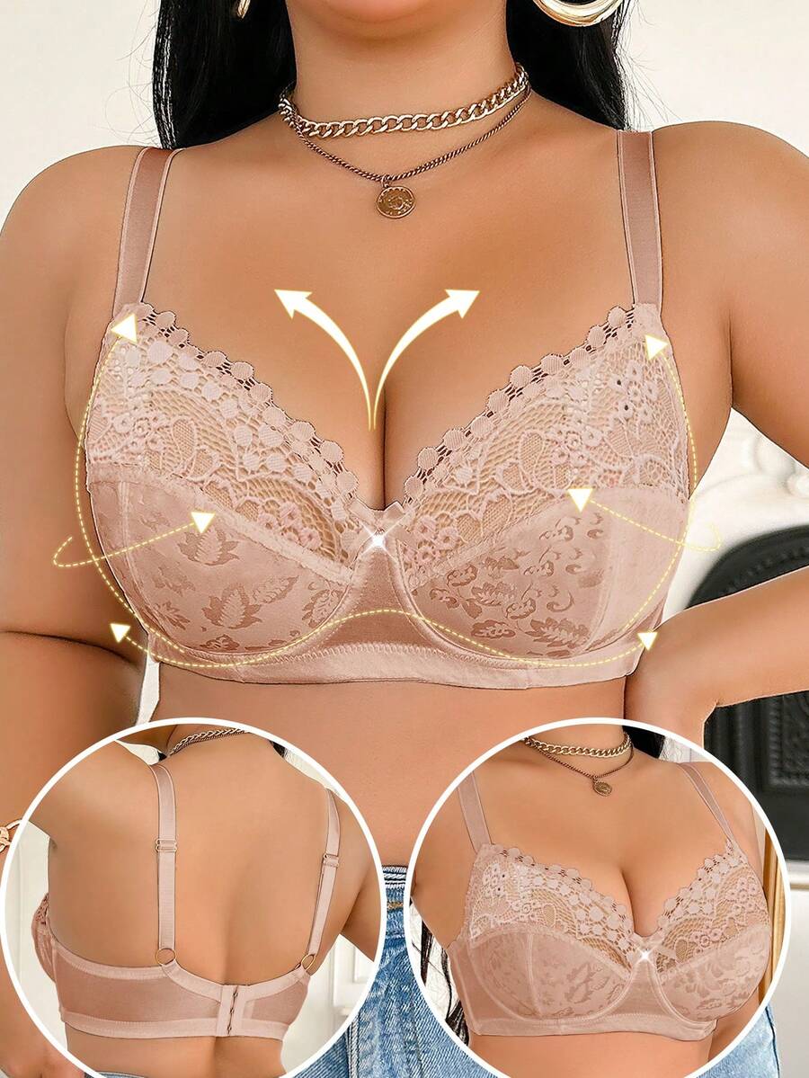 Plus Size Women Fashionable Push Up Bra With Underwire, Lift - Apricot - View 1
