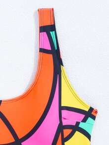 Women's Fashion Colorful Block Print Waist Sexy Hollow Out Drawstring Ruched Slimming One-Piece Swimsuit For Pool, Beach, Vacation