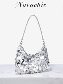 1pc Novachic Sequin Decorated, Vacation Style Sequins Wrist Decor Zipper Women Shoulder Bag, Suitable For Vacation & Party Use , New Year - Silver - View 2