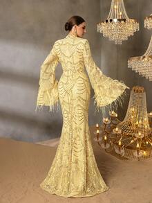 Elisanya Luxury Beaded Bodycon Mermaid Hem Maxi Dress Gown With Stand Collar & Flare Sleeves - Elegant Golden Sequin Dress For Formal Events & Red Carpet & Gala Nights - Gold - View 3