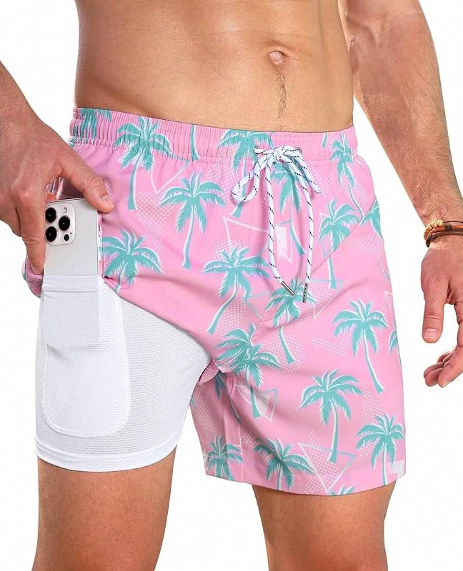 Bañador de hombre con forro de compresión, pantalón corto de baño de 5 pulgadas de entrepierna para hombres - Palma rosa - Ver 1