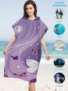 1pc Butterfly Print Purple Metallic Poncho - Ultra-Soft Microfiber Hooded Butterfly Pattern, Suitable For Boys, Girls, Couples - Beach & Home Decor, Couples Cloak | Microfiber Robe Back To School - Multicolor - View 6
