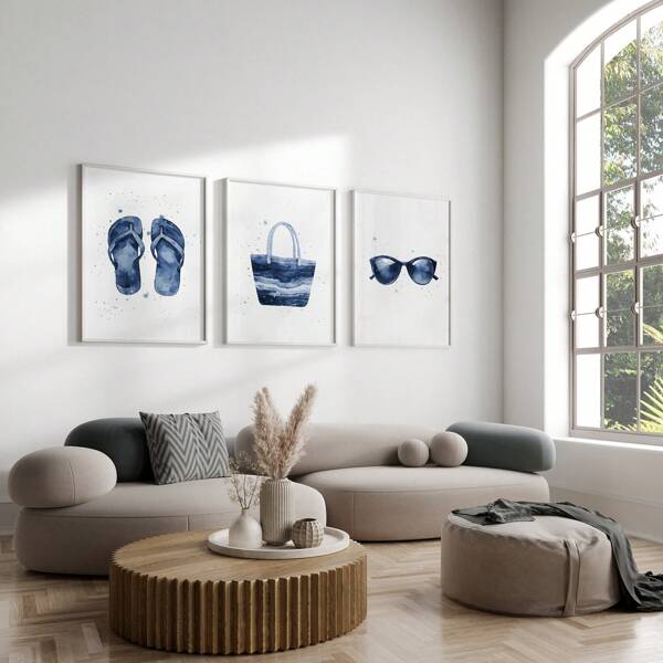1/3 piezas Impresión en lienzo de arte de pared azul marino con diseños de chanclas, gafas de sol y bolsa de playa, decoración costera de verano para dormitorio, sala de estar o casa de playa, póster de playa, regalo para ella, sin marco