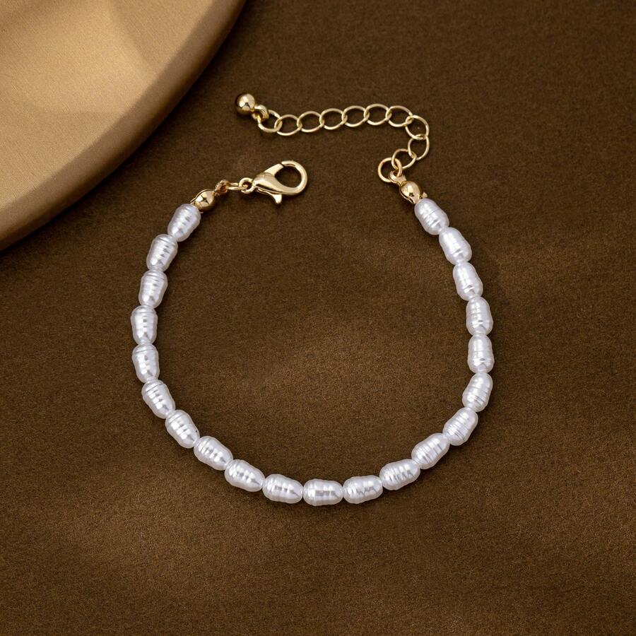 1pc Fashionable, Elegant Acrylic Beaded Pearl Bracelet - White - View 1