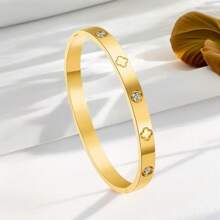 3pcs Set 18K Gold Plated Stainless Steel Four-Leaf Clover Nail Chain Bracelet, Suitable For Women Party, Daily Wear, European And American Style, Personalized, Generous, Luxury CZ Stone Wristband, Wedding Jewelry Set, Gift For Girl, Lady, Relative, Friend, Beautiful Wedding, Birthday, Valentine's Day, Mother, Mother's Day