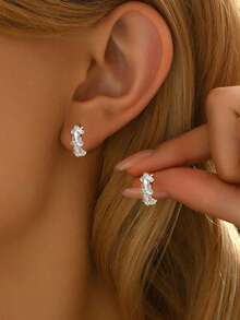 ESBERRY 1 Cặp Hoa tai vòng Casusl Trang sức nữ Bạc nguyên chất S925 Mạ vàng trắng Trang sức sinh nhật Quà tặng hẹn hò Quà tặng ngày lễ tình nhân Quà tặng ngày lễ tình nhân - Bạc - Xem 3