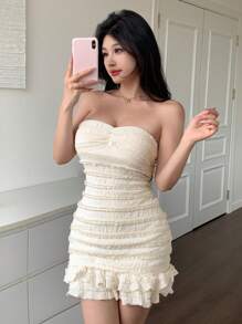 abyoxi Summer Women's White Elegant Strapless Ruched Ruffle Hem Mini Dress Sexy Waist Slim Romantic Date Short Dress Evening Dinner Party Gowns Dresses