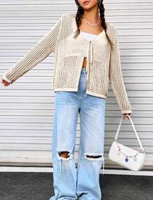 Womens Lightweight Crochet Cardigan Tie Front Shrugs Knit Crop Tops - 杏色 - 查看 2