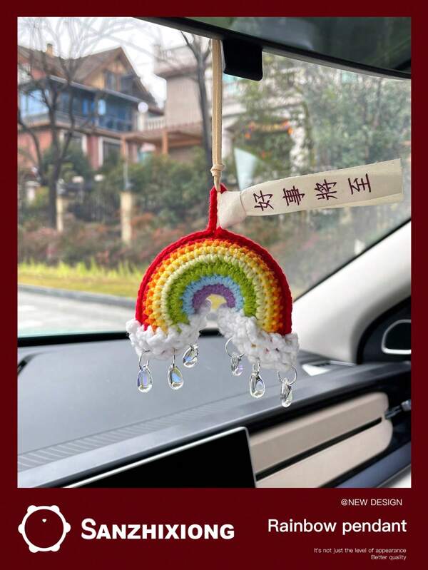 Colgante de coche en forma de gota de lluvia de arcoíris, hecho a mano a ganchillo, decoración colgante para el espejo retrovisor, regalo para mujeres