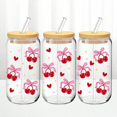 1pc 16oz Butterfly & Cherry Pattern Glass Cup, Double-Layer Insulated Tumbler With Straw And Wooden Lid, Exclusive Drinking Cup For Girls, Birthday, Anniversary, Valentine's Day Gift For Girlfriend