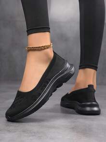 女士户外休闲黑色透气针织平底鞋，轻便舒适 - 黑色 - 查看 4