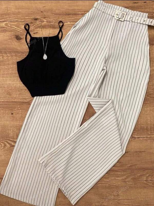Conjunto feminino listrado casual sem mangas e calça, adequado para escritório e jardim, primavera/verão