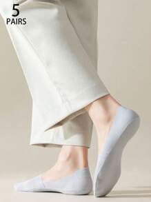 2/4/5 pares de calcetines invisibles de barco de seda de hielo absorbentes para hombre con fondo de toalla de unicolor y suela de silicona antideslizante (sin tarjeta de papel)