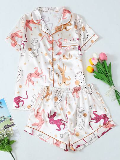 Conjunto de pijama de short y blusa de manga corta con estampado animal para mujer