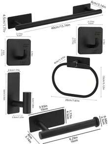 Juego de 6 piezas de toallero de baño sin perforación, anillo para toallas, portarollo de papel higiénico, gancho para abrigos y sombreros, juego de ganchos de pared montados - Negro - Ver 5