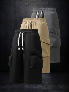 Men's Casual Sports Cargo Pants, Solid Color 3/4 Pants, Suitable For Running, Sports, Daily Casual Wear - Black - View 4