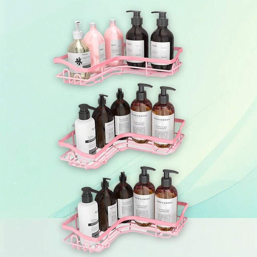 3 Pack Corner Shower Caddy Adhesive Organizer Pink Adhesive Shower Organizer For Bathroom Storage, Rustproof Stainless Steel Shower Shelves, No Drilling, Space-Saving Shower Rack Shelf For Inside Shower, Pink - L berbentuk merah muda dari 3 - View 1