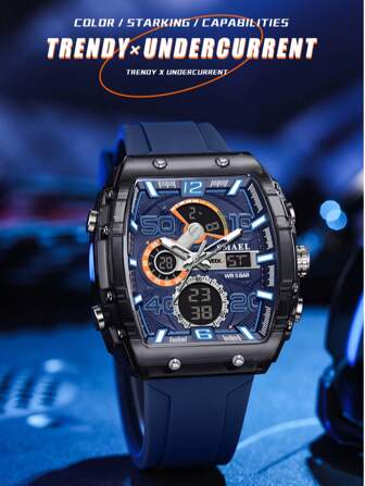  1 件 SMAEL 桶形表盘指针 + 数字双显示户外运动手表，男士闹钟石英表，计时硅胶表带腕表