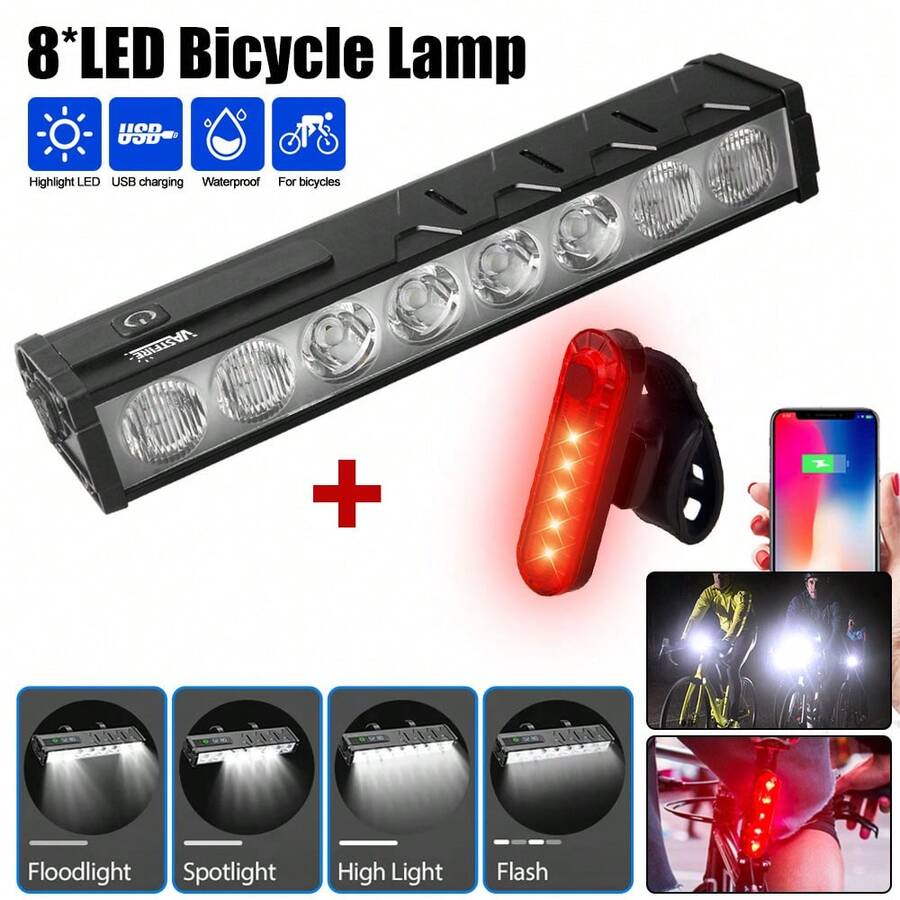 Vastfire Powerful 8 LED Bike Light Bar USB Rechargeable Bicycle Headlight Hi/Lo Beam 4Modes Adjustable Waterproof Bike Front&Rear Lamps Set With 10000mAh Rechargeable Battery - Black - View 1