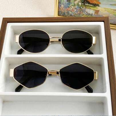 2 piezas Gafas de moda para mujer con marco de metal ovalado, nuevas gafas decorativas con estilo callejero poligonal Y2K