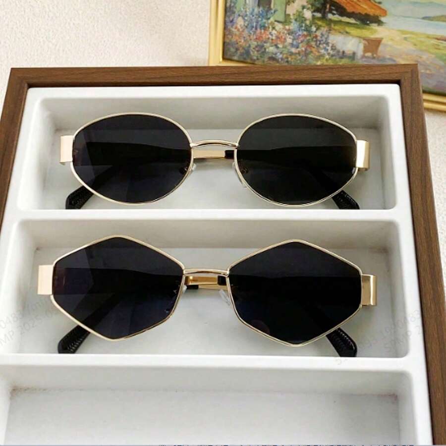 2 piezas Gafas de moda para mujer con marco de metal ovalado, nuevas gafas decorativas con estilo callejero poligonal Y2K - M12 dorado gris 1 par M12-2 dorado gris 1 par - Ver 1