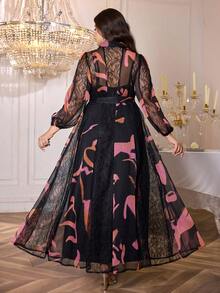 Plus Size Elegant Lace Random Print 2pcs Dress Set - Black - View 2