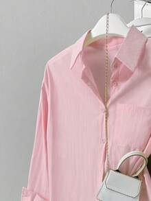 Kemeja Polos dengan Kancing dan Saku Depan - Kemeja Polos Elegan, Kemeja Lengan Panjang Berkerah Modis, Kemeja Kasual untuk Musim Semi dan Gugur, Pakaian Musim Semi untuk Wanita Warna Pink - Berwarna merah muda - View 4