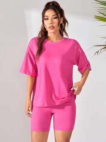 Women's Solid Color Casual Round Neck T-Shirt And Shorts Set - Hot Pink - View 4
