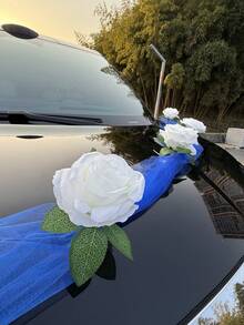 1 Set Of 9 Rose Flower With Leaves And Organza, Wedding Car Decorations, Wedding Ceremony And Party Decor, Non-Damaging To Paint, Car Decoration In Red/White/Blue - A - View 15