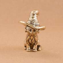 1pc Vintage Brass Witch Cat Statue, Solid Miniature Cat Sculpture, Decorative Animal Figurine, Antique Copper Tea Pet, Collectible Craft, Home & Room Decor, Tabletop Ornament For Living Room Or Bedroom Display, For Halloween - Wizard Cat - View 2