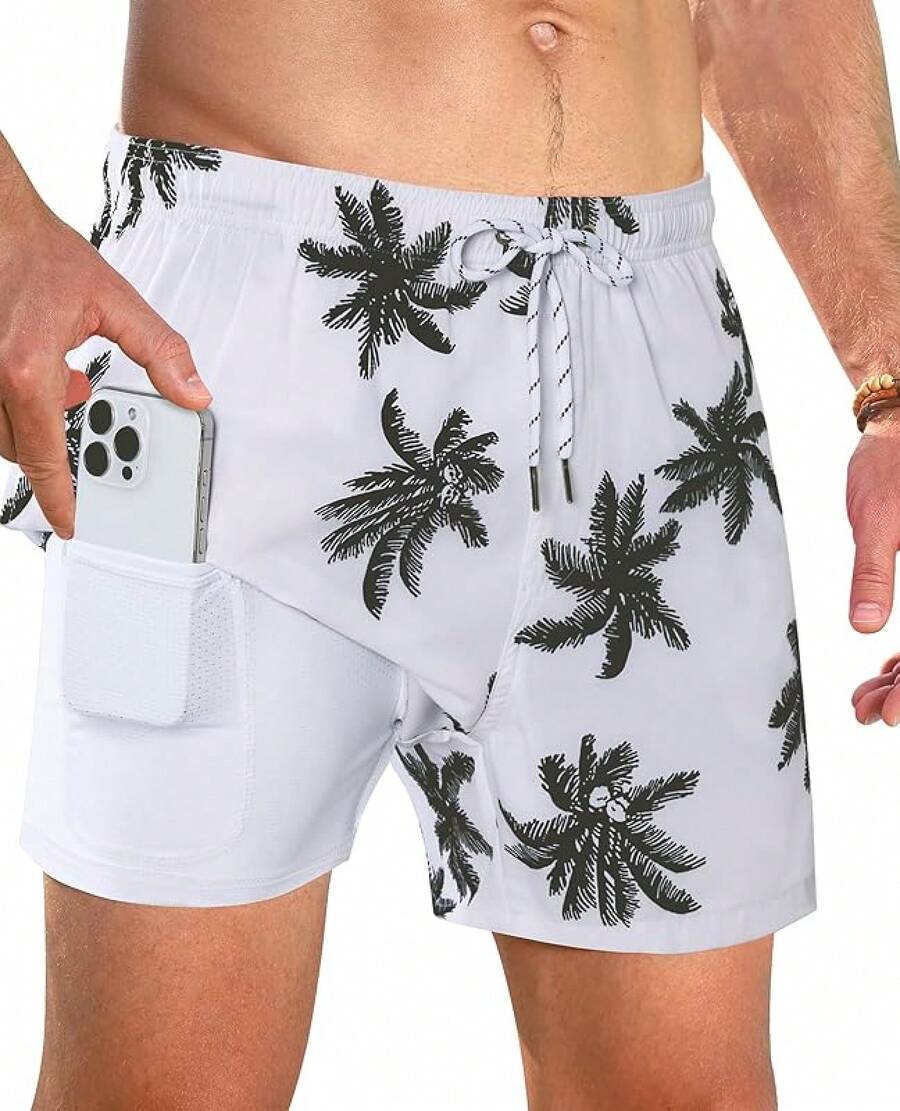 Bañador de hombre con forro de compresión, pantalón corto de baño de 5 pulgadas de entrepierna para hombres - Palma blanca - Ver 1