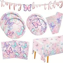 42 Stück Schmetterling Geburtstags Party Zubehör Einweg Pappteller Servietten Becher Tischdecken und Banner für Schmetterling Geburtstagsdekoration