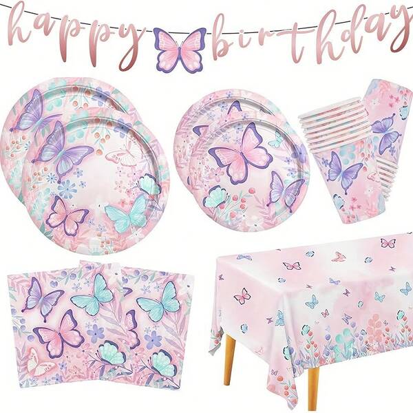 42 Stück Schmetterling Geburtstags Party Zubehör Einweg Pappteller Servietten Becher Tischdecken und Banner für Schmetterling Geburtstagsdekoration