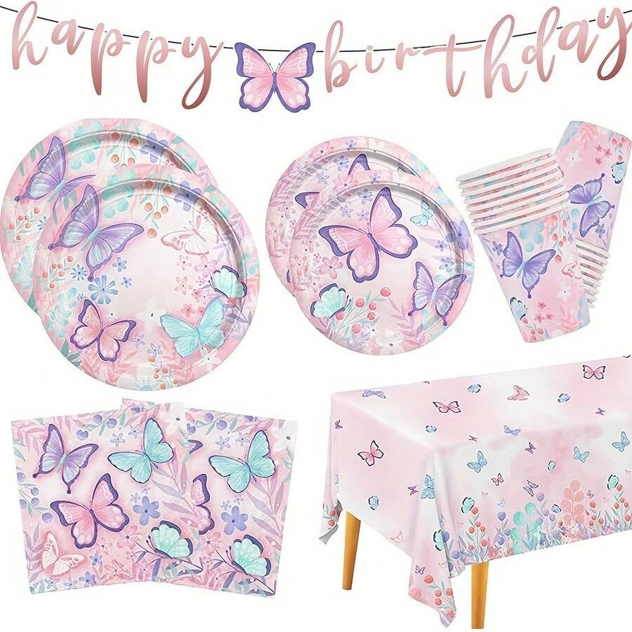 42 Stück Schmetterling Geburtstags Party Zubehör Einweg Pappteller Servietten Becher Tischdecken und Banner für Schmetterling Geburtstagsdekoration