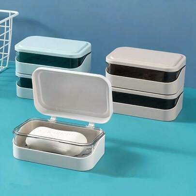 1pc Plastic Rectangle Soap Box, Soap Container With Lid, Portable Soap Case, Soap Holder With Cover, Drain Soap Dishes For Bathroom, Bathroom Accessories Back To School