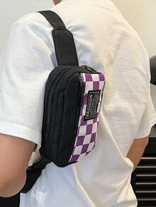 尼龙格子拼布面料休闲运动风时尚男士胸包，多功能简约手机和零钱包 - 彩色 - 查看 2